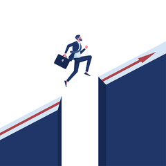 businessman jump through the gap between hill, man jumping over cliff, business concept of courage