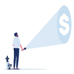 businessman with flashlight and searching dollar sign, business investment vector concept