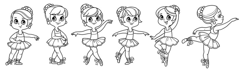 Beautiful set ballerina girls in lush tutu and pointe shoes dancing outlined for coloring isolated on a white background