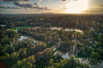 Aerial view of the Yarra Flats fooodplain in Bulleen,  Melbourne, during floods on 15 October 2022. Victoria, Australia.