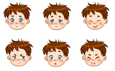 Set bundle kit emotions expressions stickers boy kids child smile sad cheerful offended surprised disgusted faces cartoon style