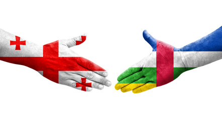 Handshake between Central African Republic and Georgia flags painted on hands, isolated transparent image.