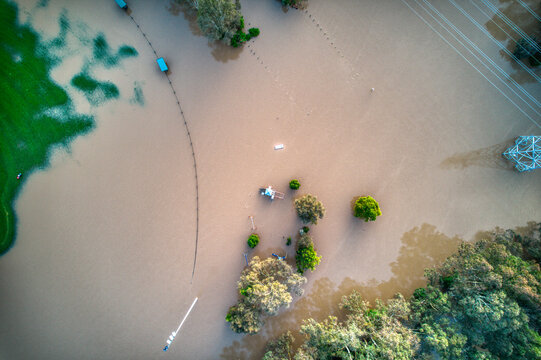 Aerial vertical view of a playground in Bulleen inundated by flood water in Melbourne during floods on 15 October 2022. Victoria, Australia.