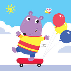 Cartoon vector illustration of a cute fun happy smiling bear character riding a skateboard in the sunshine
