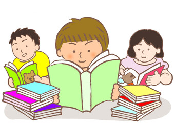たくさんの本を楽しそうに読む子ども達のイラスト
