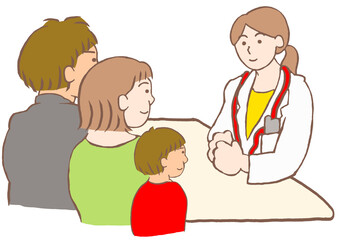 女性の精神科医と面談する発達障害の男の子とその両親のイラスト