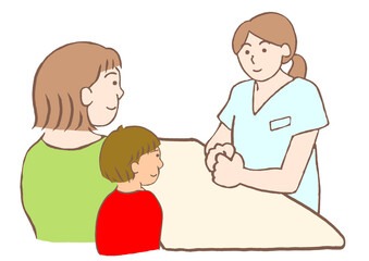 児童精神科の看護師と面談する発達障害の男の子とその母親のイラスト