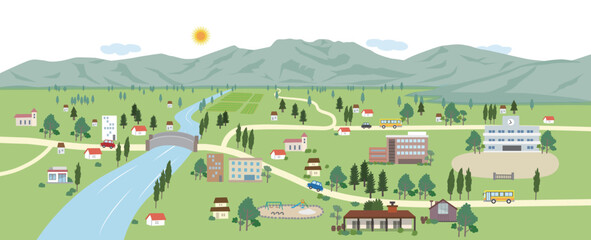 山と川と町のある風景の背景イラスト
