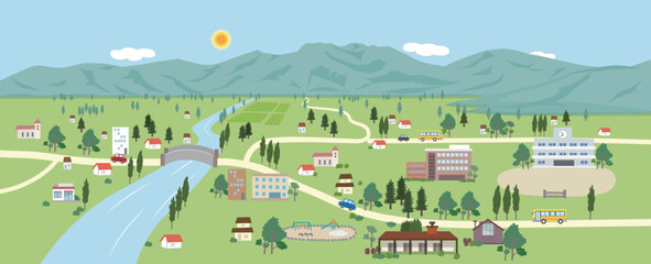 山と川と町のある風景の背景イラスト