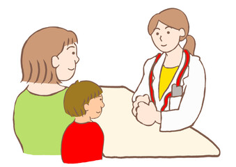 女性の精神科医と面談する発達障害の男の子とその母親のイラスト