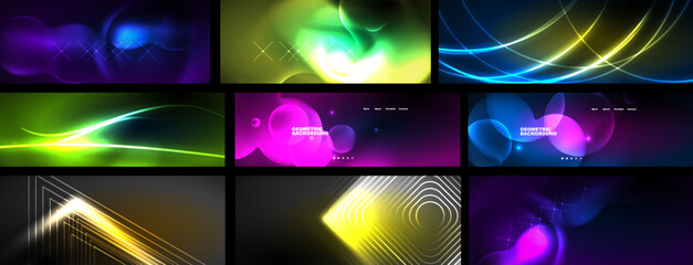 Set of background, shiny neon lights, dark abstract backgrounds with blurred magic neon light curved lines