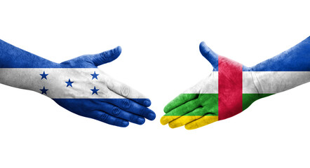 Handshake between Central African Republic and Honduras flags painted on hands, isolated transparent image.