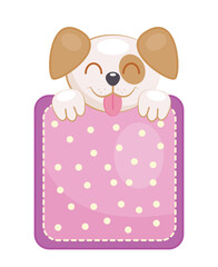 Dog in pocket. Happy puppy peeks out from behind pink square piece of fabric. Creativity and art, sewing and needlework, handmade. Elegance, aesthetics and fashion. Cartoon flat vector illustration