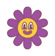 Psychedelic flower concept. Purple smiling daisy, botany and plants. Graphic element for website, poster or banner. Label for kids in retro and old style, hippie. Cartoon flat vector illustration