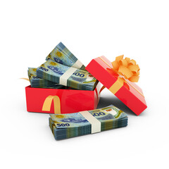Stack of Mauritanian ouguiya notes inside an open red gift box. Bundles of Mauritanian ouguiya inside a gift box. 3d rendering of money inside box isolated on white background