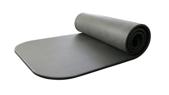 gym mat dark grey partly rolled up isolated