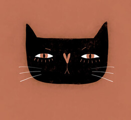 Black Cat on a Brown Background. Simple Hand Drawn Grunge Vector Illustartion with Black Smiling Kitty.Funny Nursery Art ideal for Cat Lovers, Card, Poster, Wall Art.Crayon Drawing Style Cat Portrait.