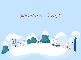 Wesolych Swiat Seasonal Polish Holiday Greetings . Vector illustration with joyful rabbits having fun on snowy landscape. Great for posters, greetings and banners. 