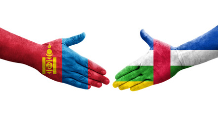 Handshake between Central African Republic and Mongolia flags painted on hands, isolated transparent image.