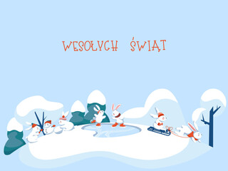 Wesolych Swiat Happy Holidays winter vector illustration with hand lettering in Polish. Little joyful rabbits have fun on snowy landscape. 