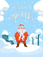 Wesolych Swiat kartka. Colorful winter greeting card with hand lettering in Polish. Joyful Santa Claus via Swiety Mikolaj is having fun under snowflakes. Vector illustration. 