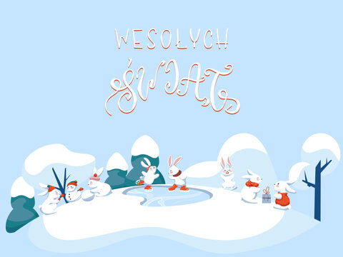 Wesolych Swiat Happy Holidays winter vector illustration with hand lettering in Polish. Little joyful rabbits have fun on snowy landscape. 