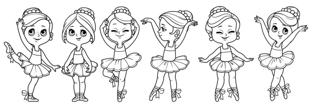 Set of cute ballerina girls dancing in lush tutu outlined for coloring isolated on a white background