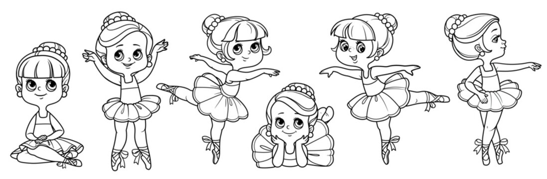 Cartoon ballerina girls sitting on the floor and dancing set outlined for coloring isolated on a white background