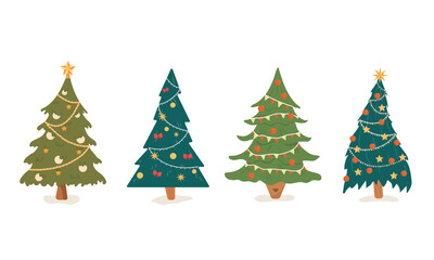 Set of isolated Christmas trees on white background. Decorated Christmas tree collection