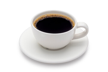 Hot black americano coffee in a white coffee cup lined with a white saucer isolated on the white background with clipping path. Backlight. - Powered by Adobe