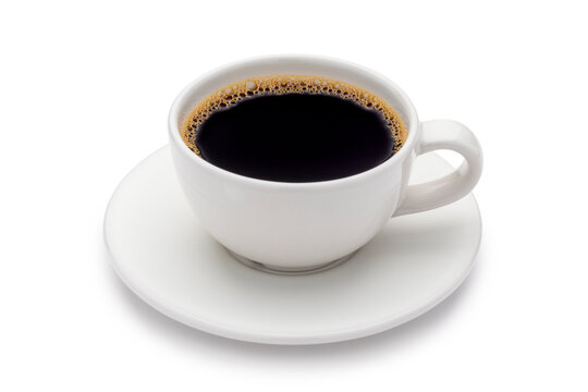 Hot black americano coffee in a white coffee cup lined with a white saucer isolated on the white background with clipping path. Backlight.