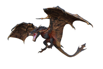 Wyvern or Dragon fantasy creature flying with mouth open to breath fire, 3D illustration isolated on transparent background.