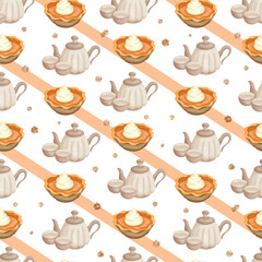 Fall elements seamless pattern digital paper. Pumpkin pie and lovely tea set on transparent background with watercolor stripes. Sweet and Treat baking for Thanksgiving.