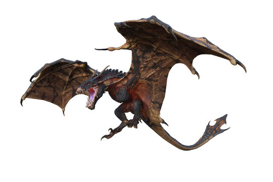 Wyvern or Dragon fantasy creature flying with mouth open to breath fire, 3D illustration isolated on transparent background.