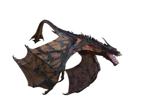 Wyvern or Dragon fantasy creature swooping down to attack, 3D illustration isolated on transparent background.
