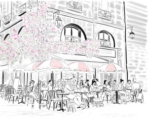 Hand drawn illustration. People enjoy the day at a Cafe in Paris, France. Figures simplified to make unrecognizable.