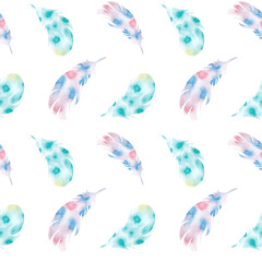 Watercolor seamless pattern with pink and blue feathers, colors with gradient. Wedding romantic style. For decor and design. For backgrounds, printing on paper and textiles.