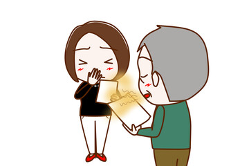 (上半身斜め後ろ)資料を見て話し合いをしている中、口が臭くて女性に鼻を抑えられる高齢の男性