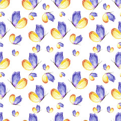 Watercolor seamless pattern with butterflies in purple and yellow. Pattern on a white background for printing, fabric, etc.