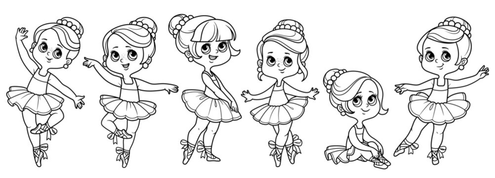 Set of cute cartoon ballerina girls in tutu and pointe dancing outlined for coloring isolated on a white background