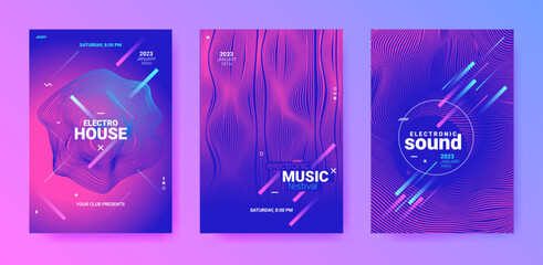 Futuristic Abstract Dance Poster. Electro Sound Flyer. Techno Party Cover. Vector 3d Background. Dance Posters. Geometric Festival Illustration. Gradient Distort Lines. Abstract Dance Poster Set.