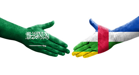 Handshake between Central African Republic and Saudi Arabia flags painted on hands, isolated transparent image.