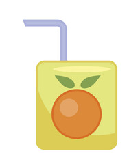 Baby orange juice icon. Cardboard packaging with straw for comfortable drinking. Summertime symbol. Citrus products, natural and organic food. Social media sticker. Cartoon flat vector illustration
