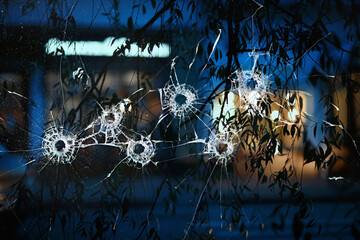 abstract simulation blurred view of the city bullet holes on the window glass, shooting war background attack - obrazy, fototapety, plakaty