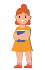 Girl back to school. Schoolgirl with book stands and smiles. Autumn holidays, 1 September and knowledge day. Student with textbooks. Graphic element for website. Cartoon flat vector illustration