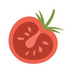 BBQ tomato slice. Vegetable, vitamins and trace elements. Healthy eating, proper nutrition. Juicy natural and fresh product. Seasoning for meat. Barbecue and picnic. Cartoon flat vector illustration