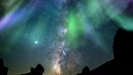 Aurora Green Purple and Milky Way Galaxy Rocks South Tilt Up