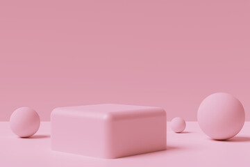 Square podium and spheres on a pink background, 3d render