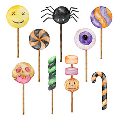 Watercolor Halloween set of spooky lollipops and candies