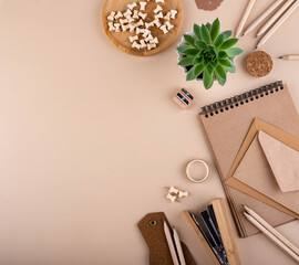Eco wooden craft stationery. Sustainable life concept